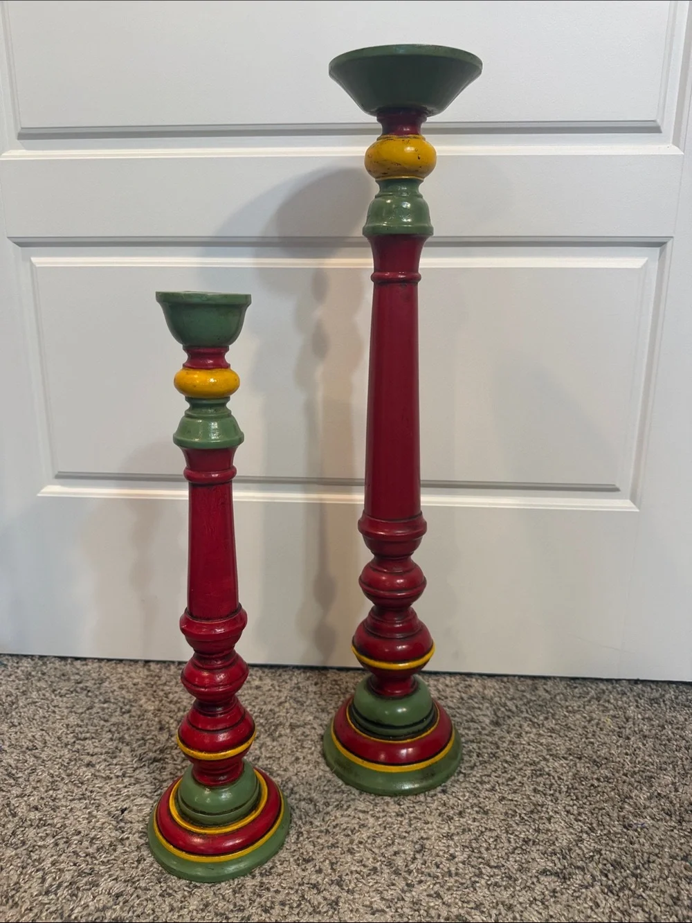Old Germany‎ Judaica Hand Carved & Painted Wooden Shabbat Candlesticks Red Multi